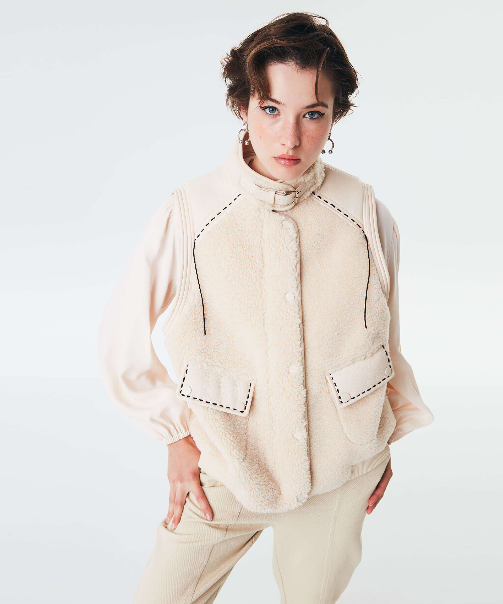 Ekru DERİ MIX SHEARLING YELEK TW6220012109018 | TWIST