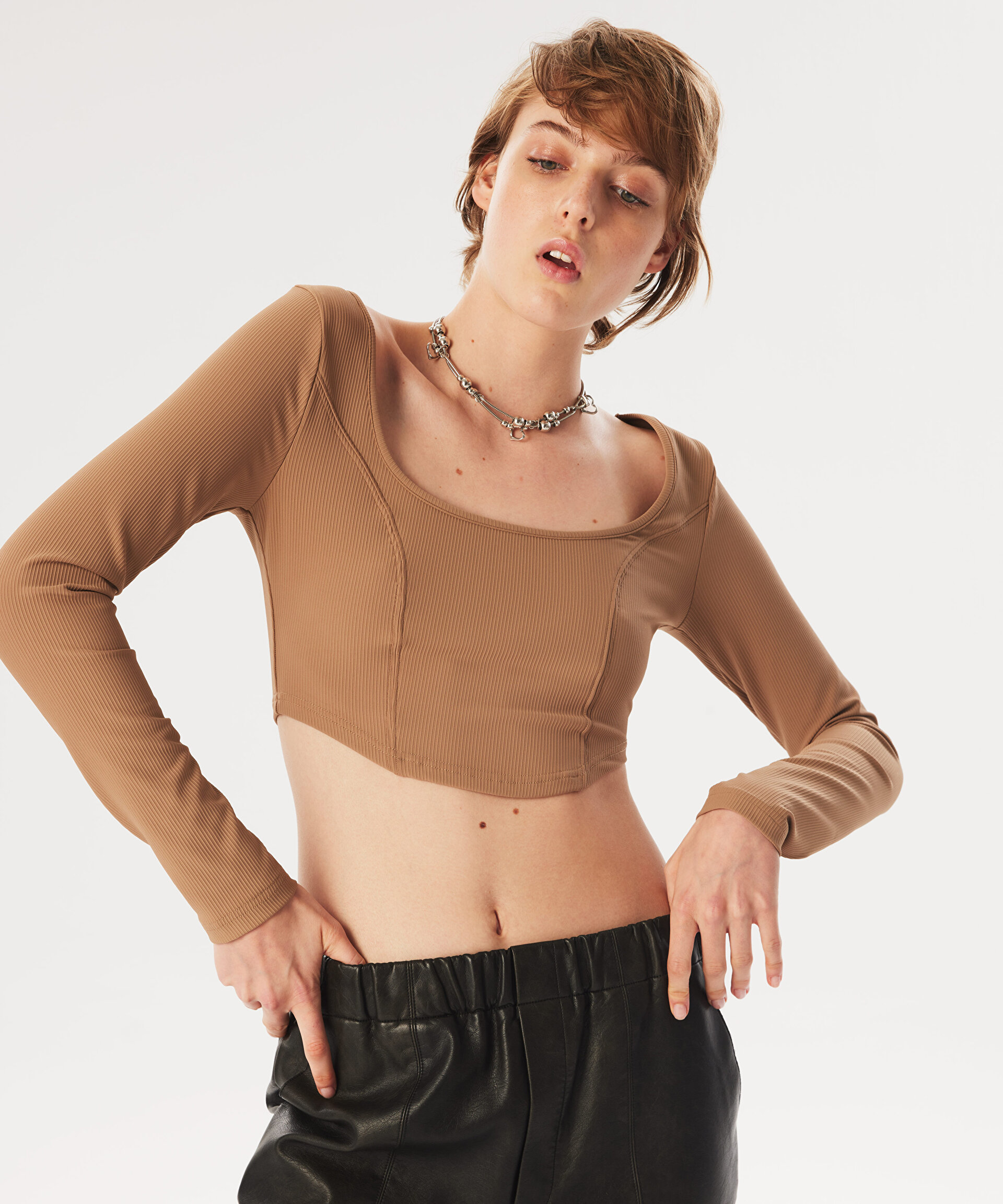 Naturel UZUN KOLLU CROP T-SHIRT TW6230070135003 | TWIST