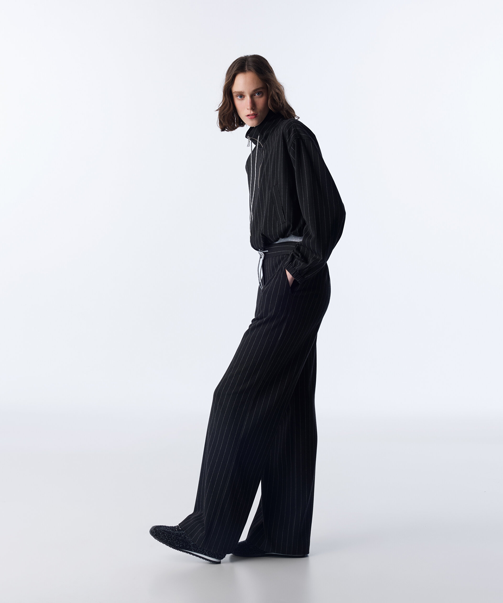 ÇİZGİ DESEN WIDE LEG FİT PANTOLON