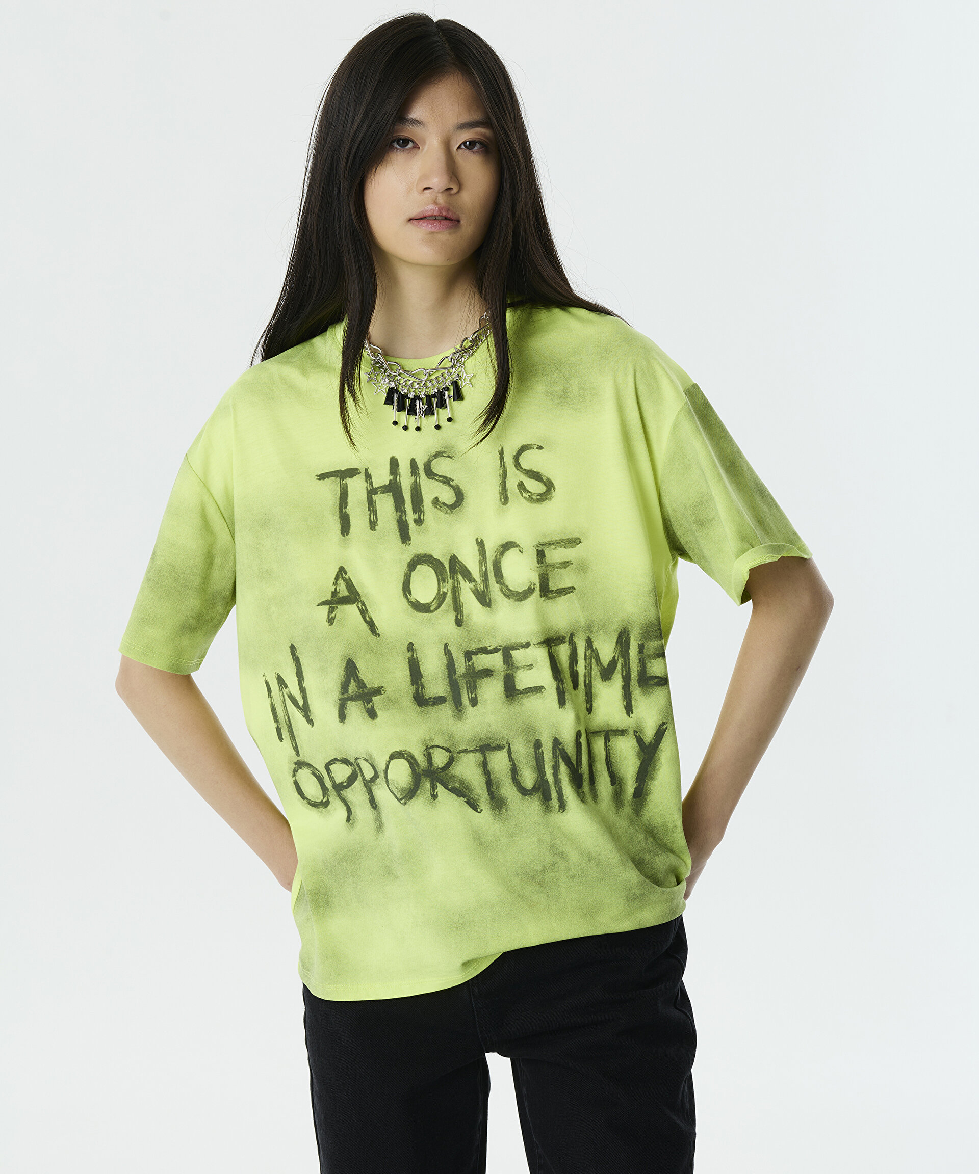 Yeşil SLOGANLI OVERSIZE T-SHIRT TW6250070027DE6 | TWIST