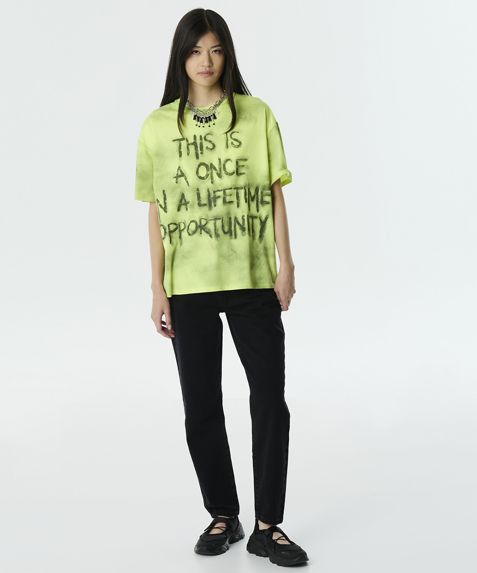 Yeşil SLOGANLI OVERSIZE T-SHIRT TW6250070027DE6 | TWIST