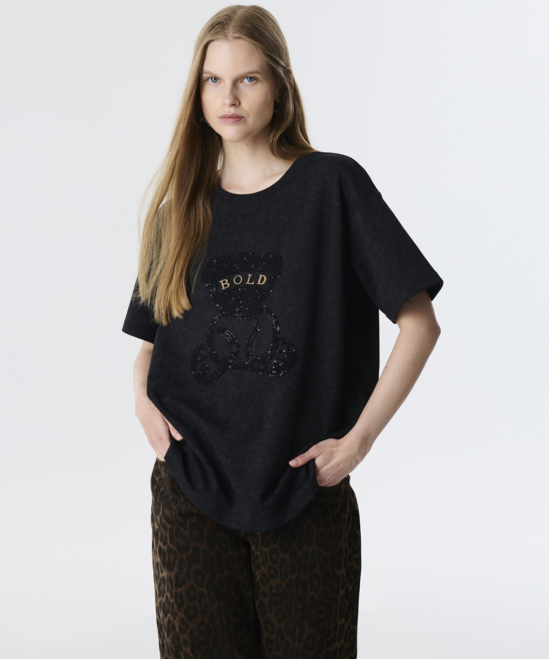 Antrasit NAKIŞLI VE SLOGANLI Tişört TW6250070071036 | TWIST