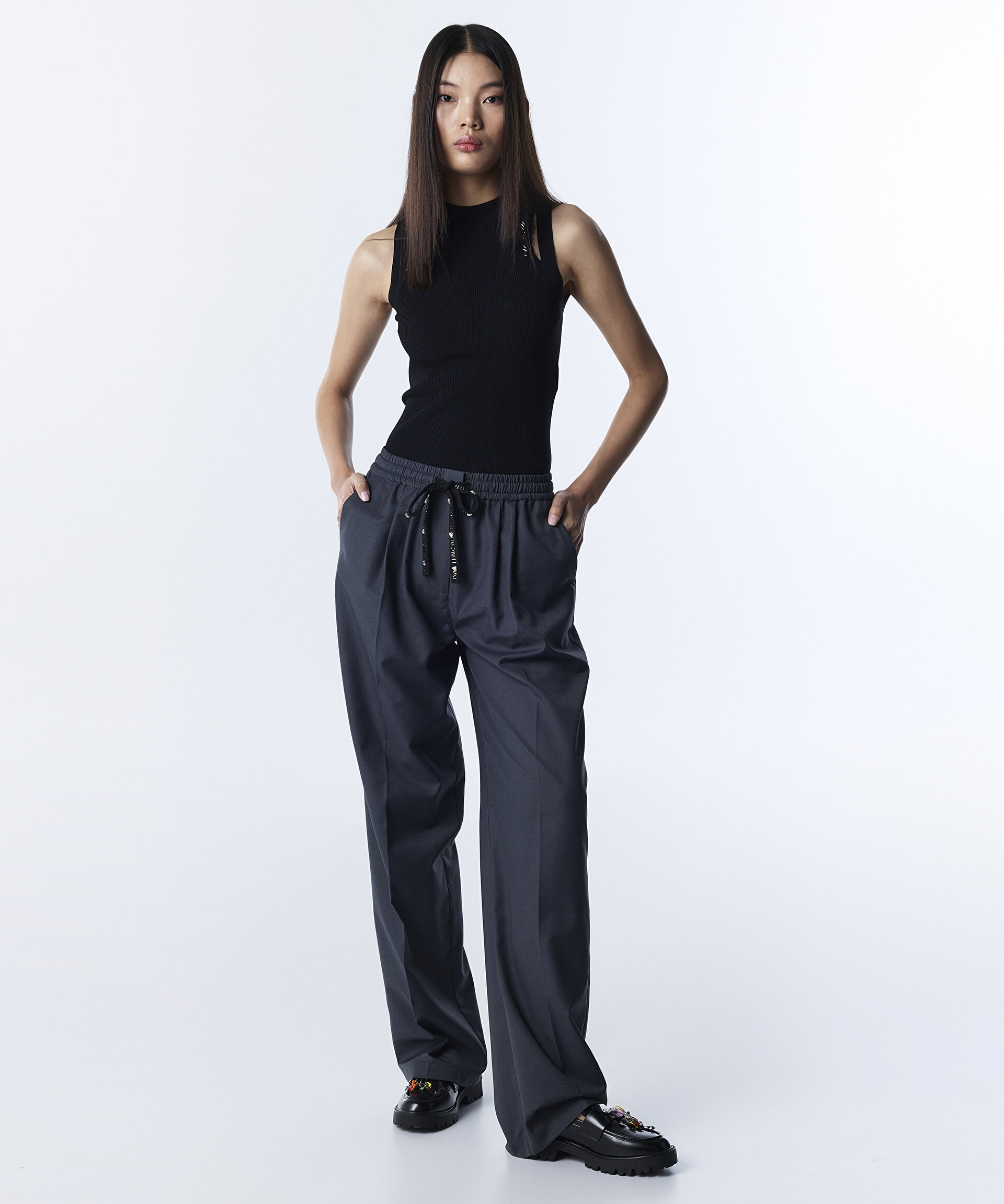 Antrasit İŞLEMELİ KORDONLU WIDE LEG PANTOLON TS1260003103036 | TWIST