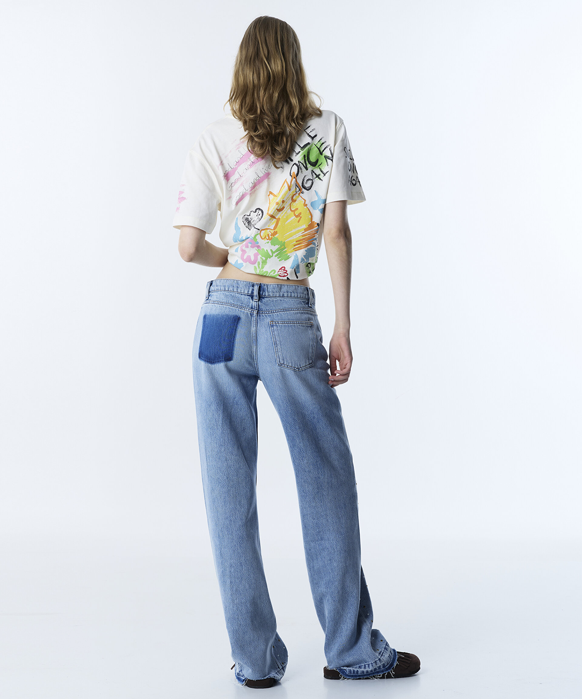 Mavi RENKLİ HOTFIX BASKILI WIDE LEG JEAN PANTOLON TS1260018031CC2