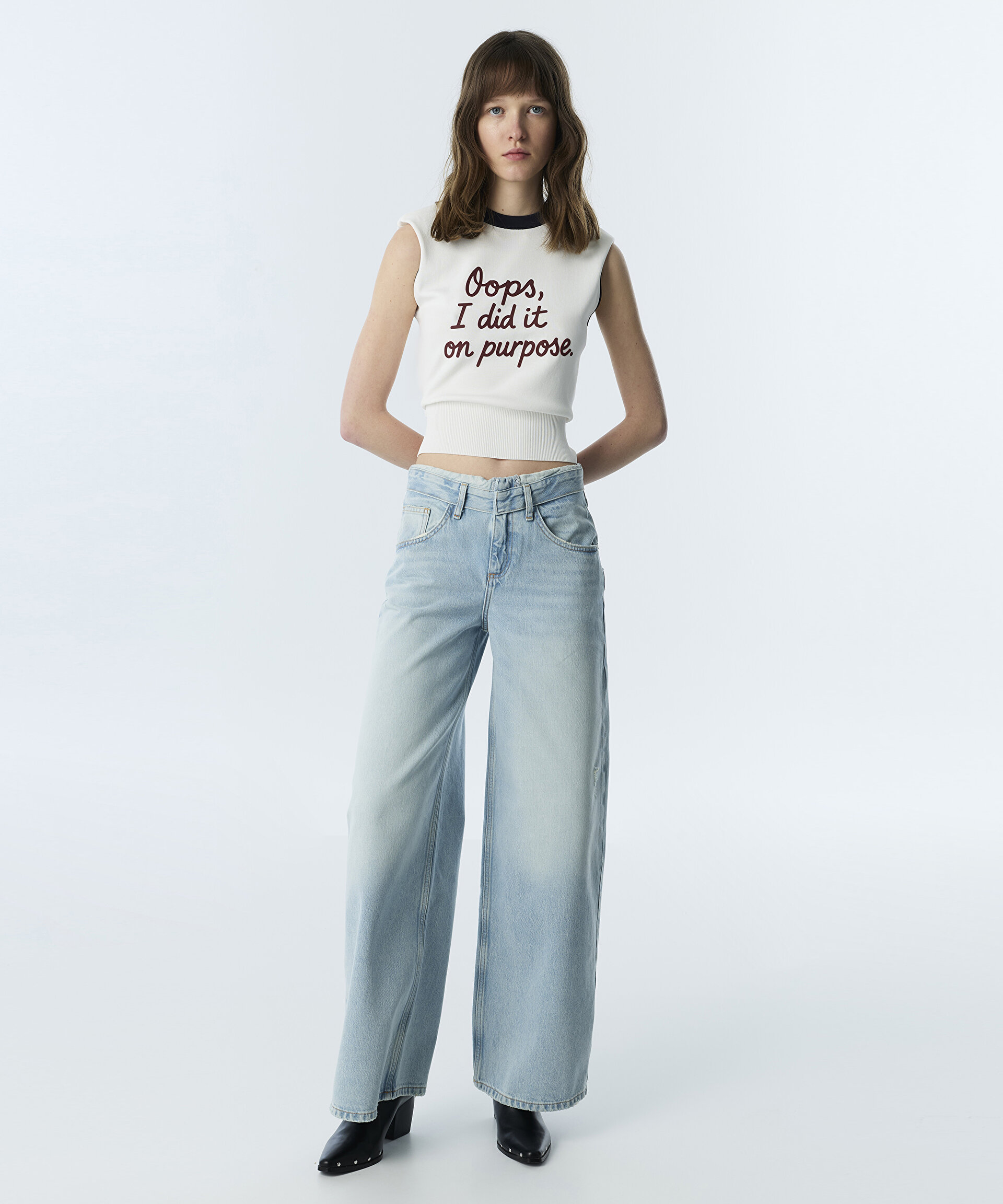 BELİ KATLAMALI WIDE LEG JEAN PANTOLON