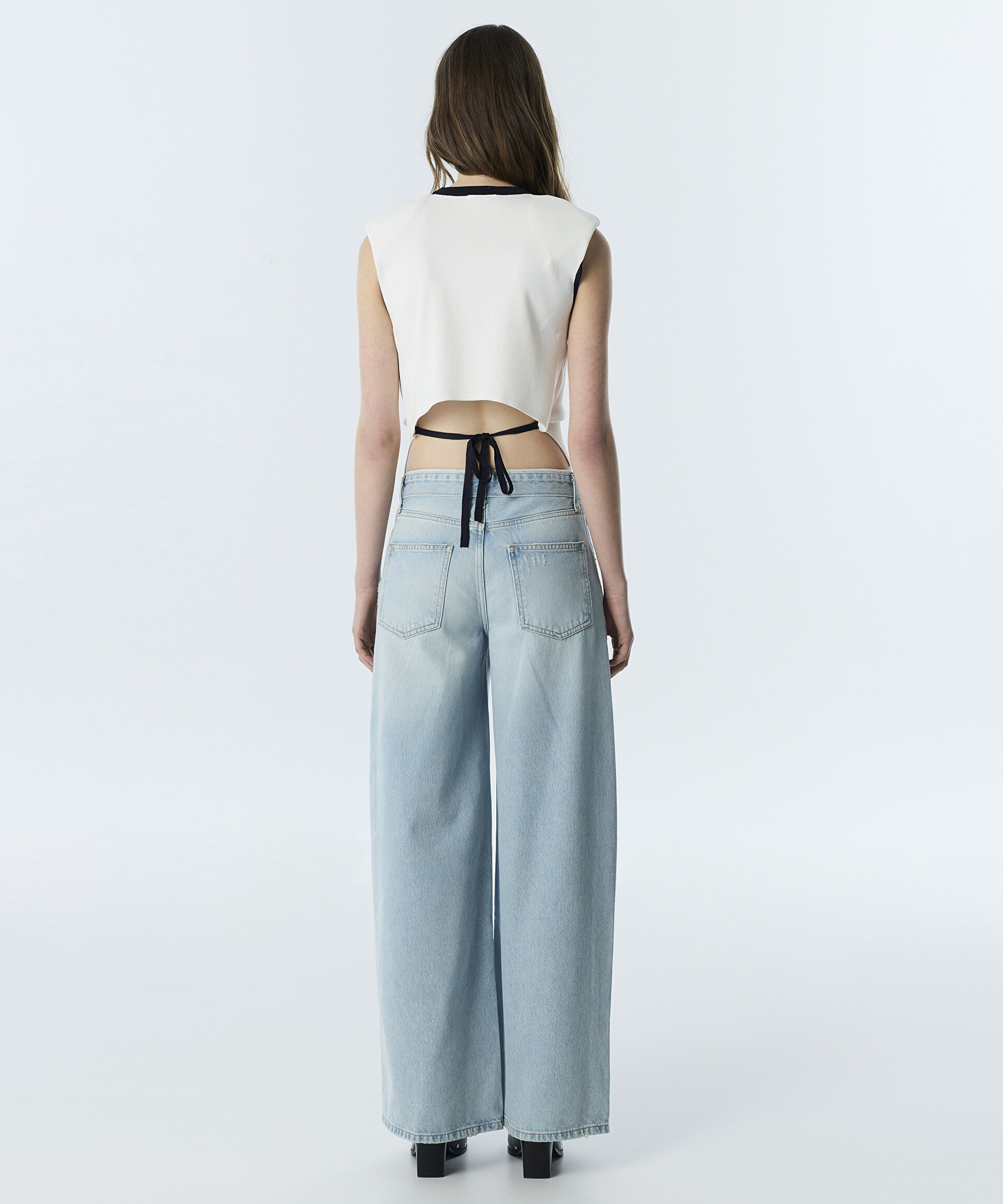 BELİ KATLAMALI WIDE LEG JEAN PANTOLON