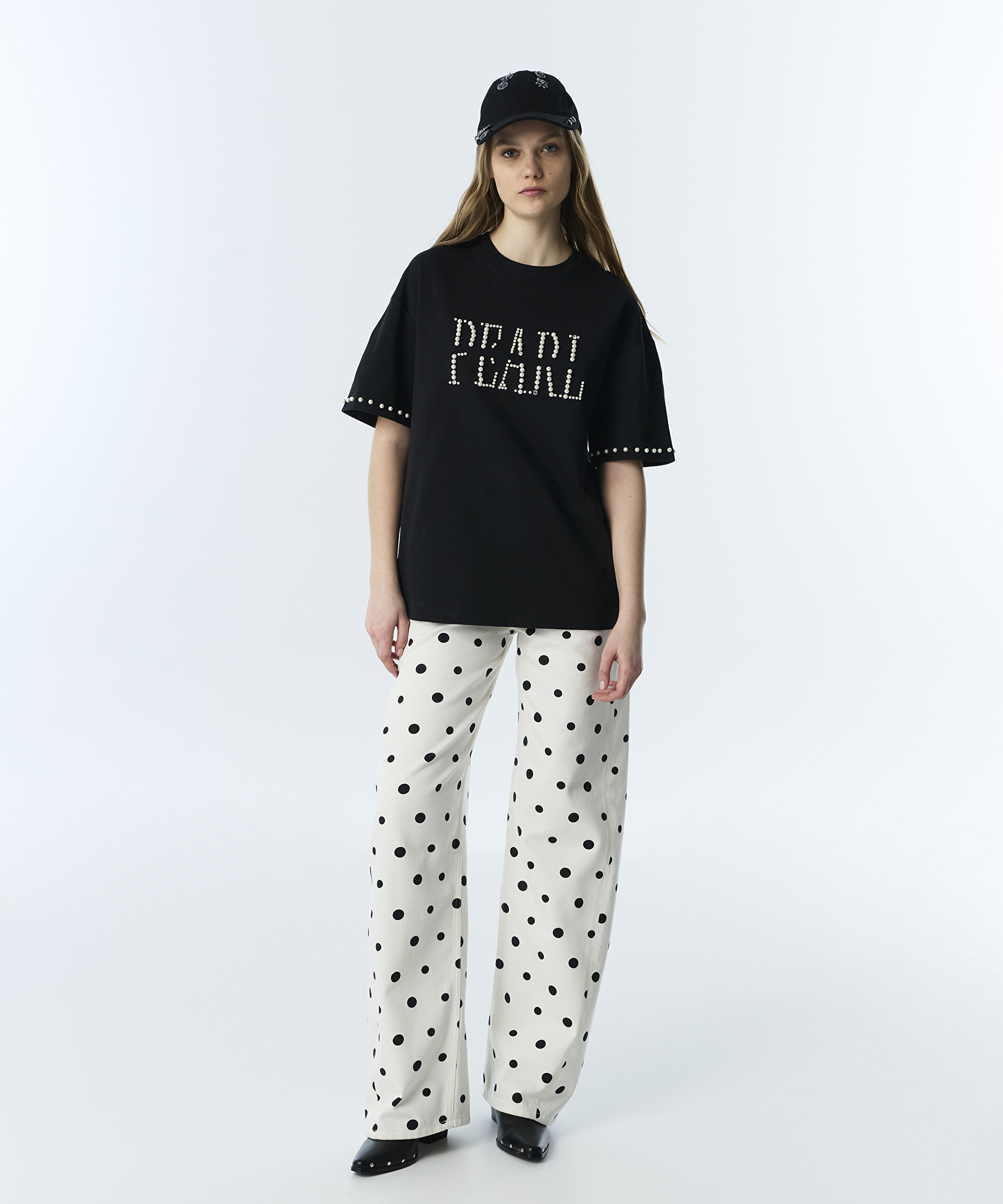 Siyah SUNİ İNCİLİ OVERSIZE TİŞÖRT TS1260070256001 | TWIST