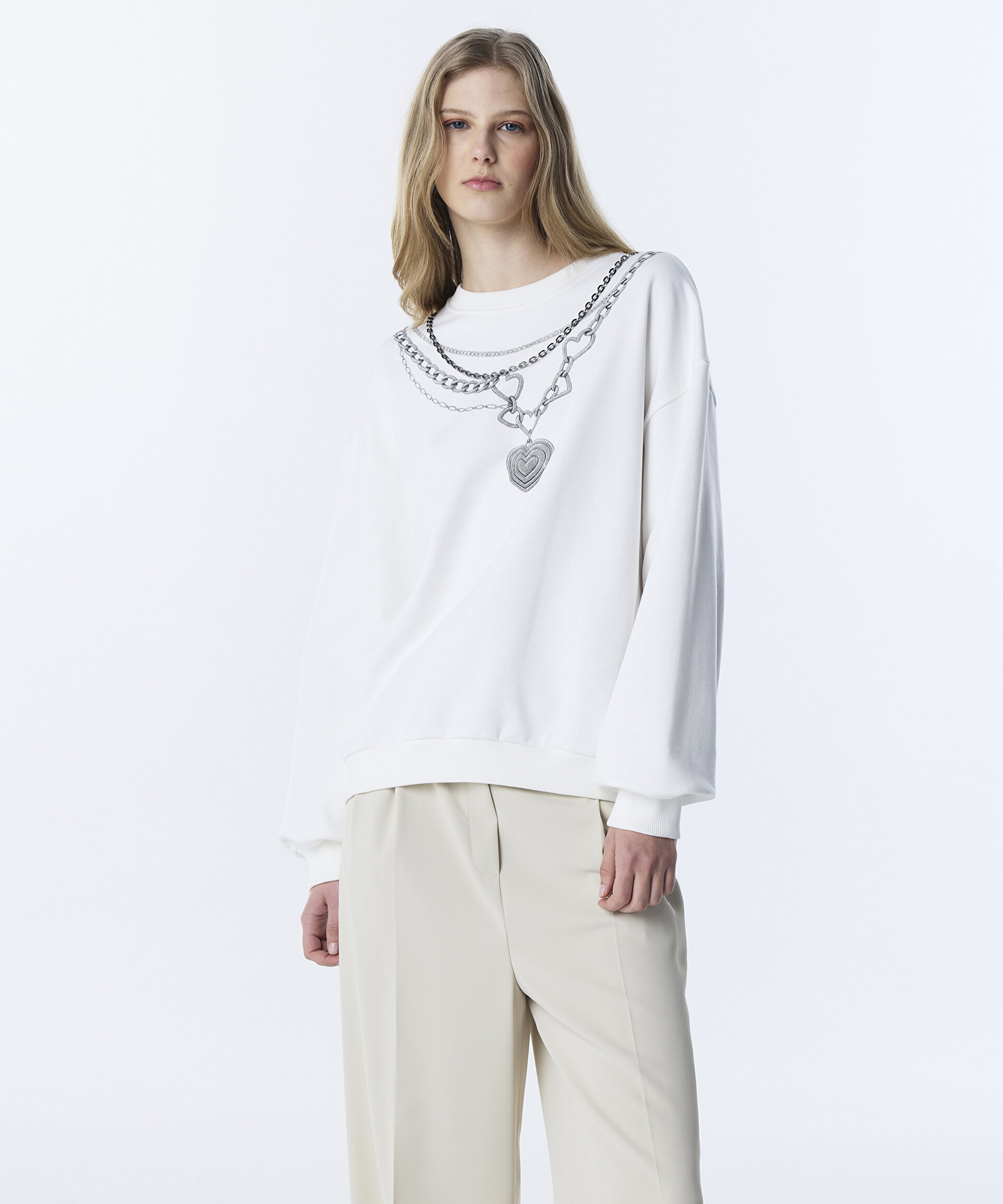 インド　雄牛背飾り布 Ekru ZİNCİRLİ VE GÖRSEL BASKILI SWEATSHIRT TS1260091026018 | TWIST