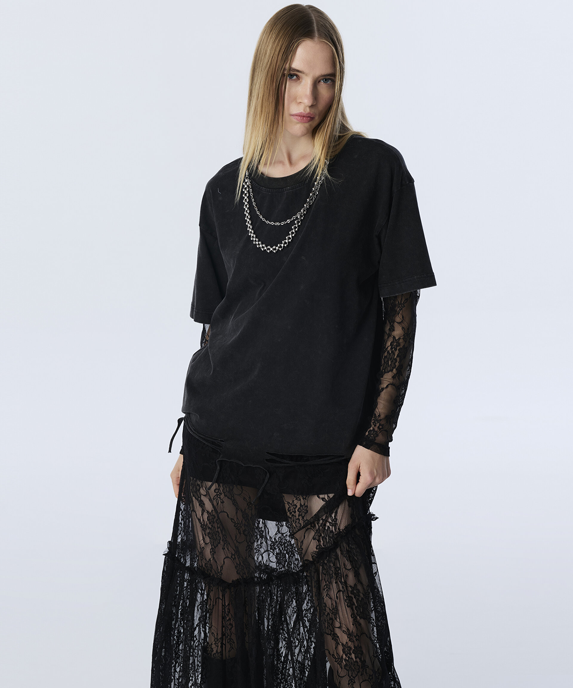 Antrasit DANTEL MIX ZİNCİR AKSESUARLI T-SHIRT TW6250070105036 | TWIST