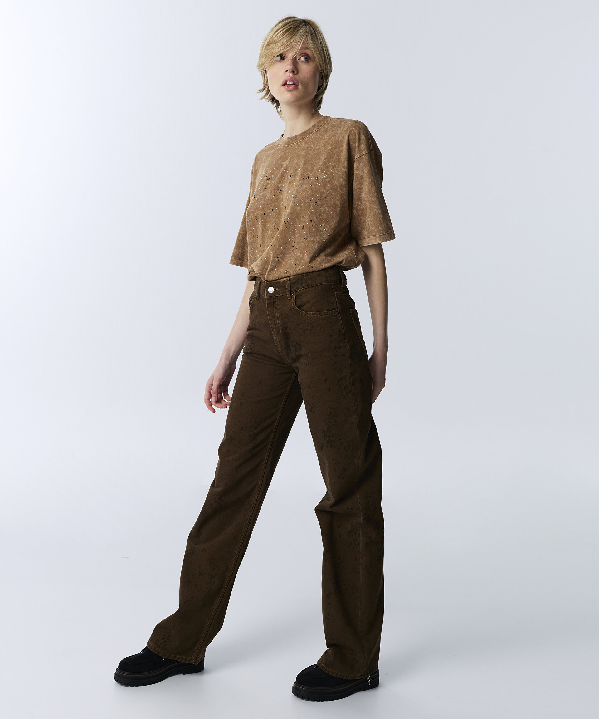 Twist Kahverengi BASKILI WIDE LEG JEAN PANTOLON