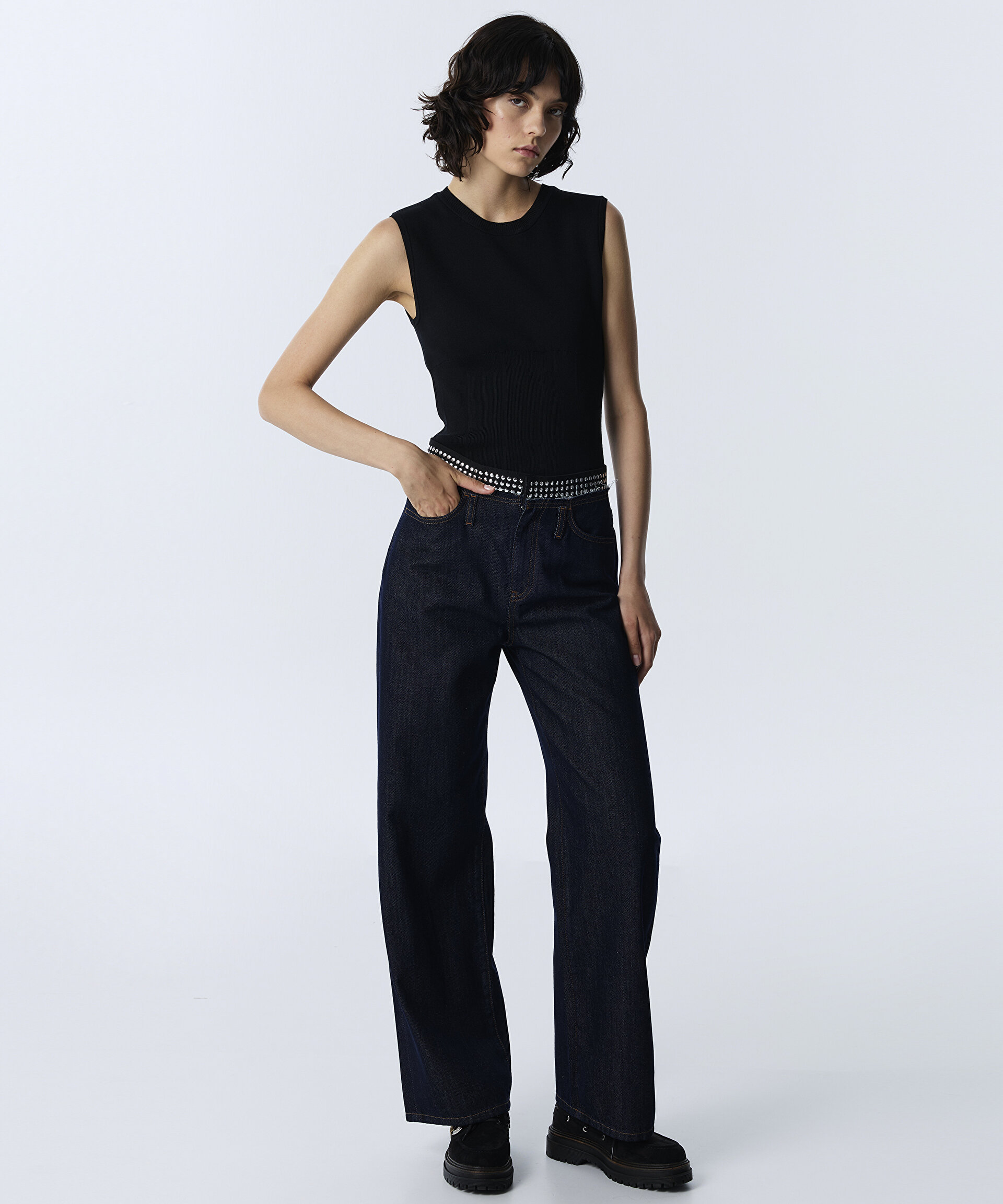 Twist Lacivert KONTRAST BEL WIDE LEG JEAN PANTOLON