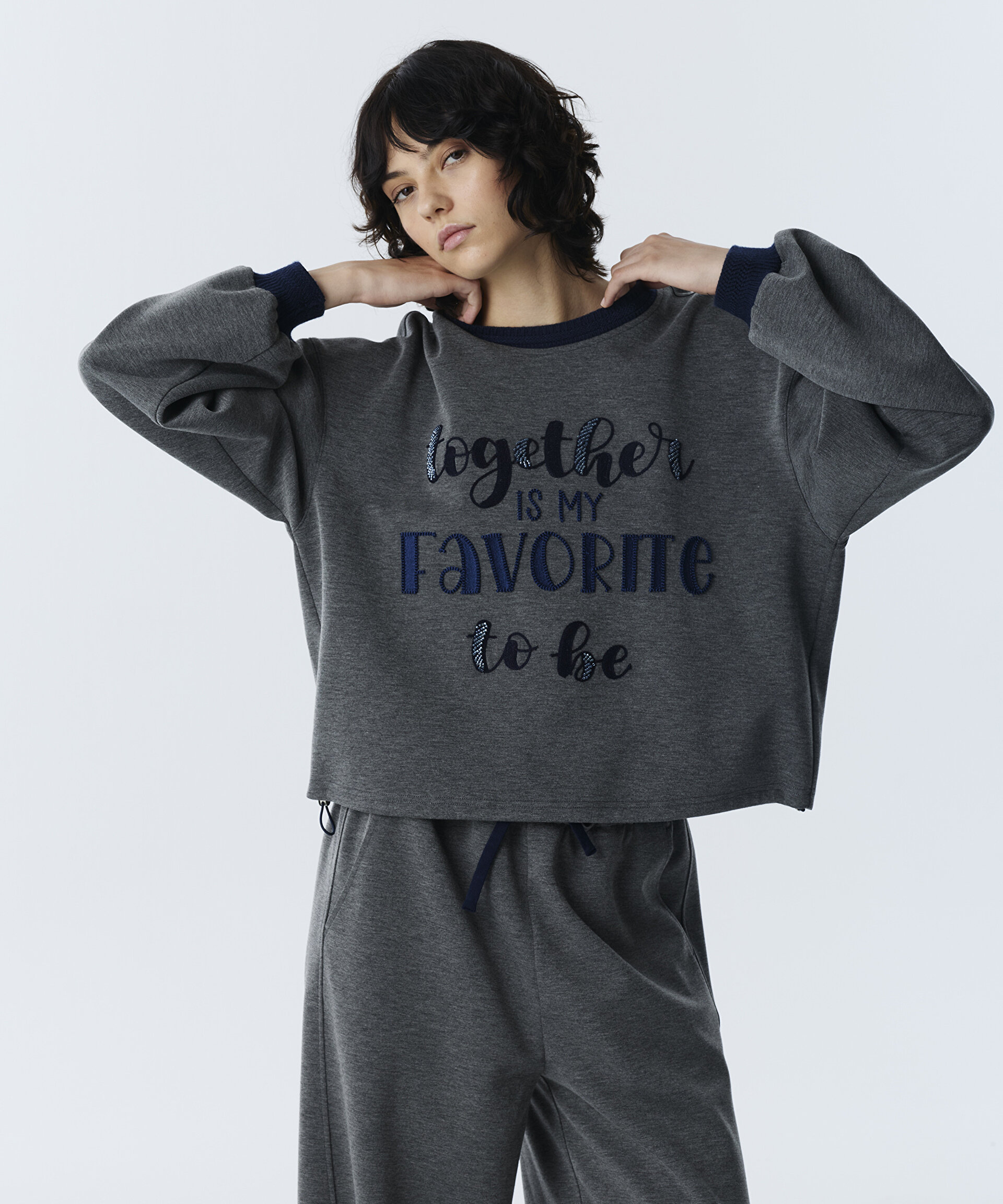Twist Gri SLOGAN NAKIŞLI SWEATSHIRT