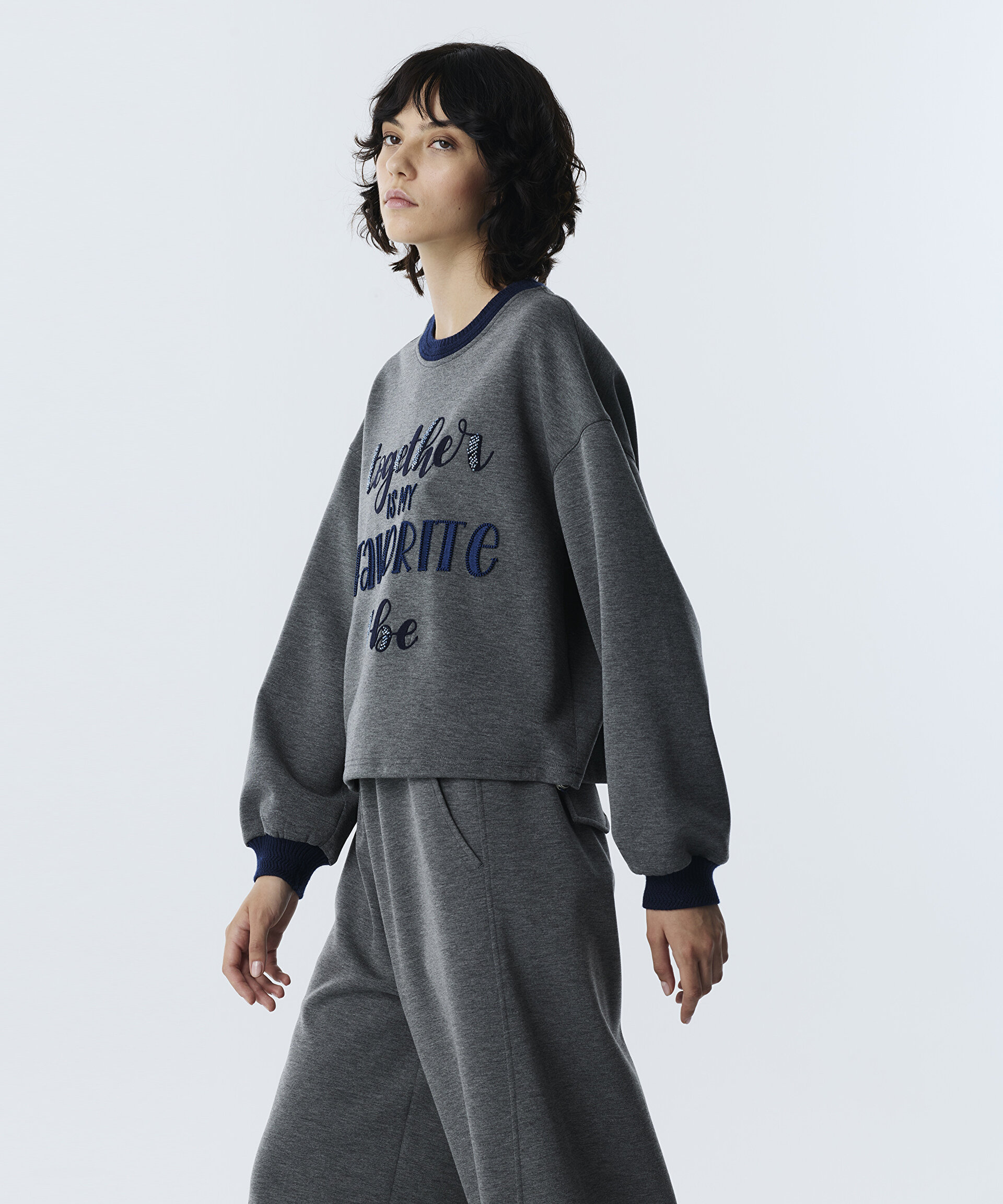 Twist Gri SLOGAN NAKIŞLI SWEATSHIRT görsel 3