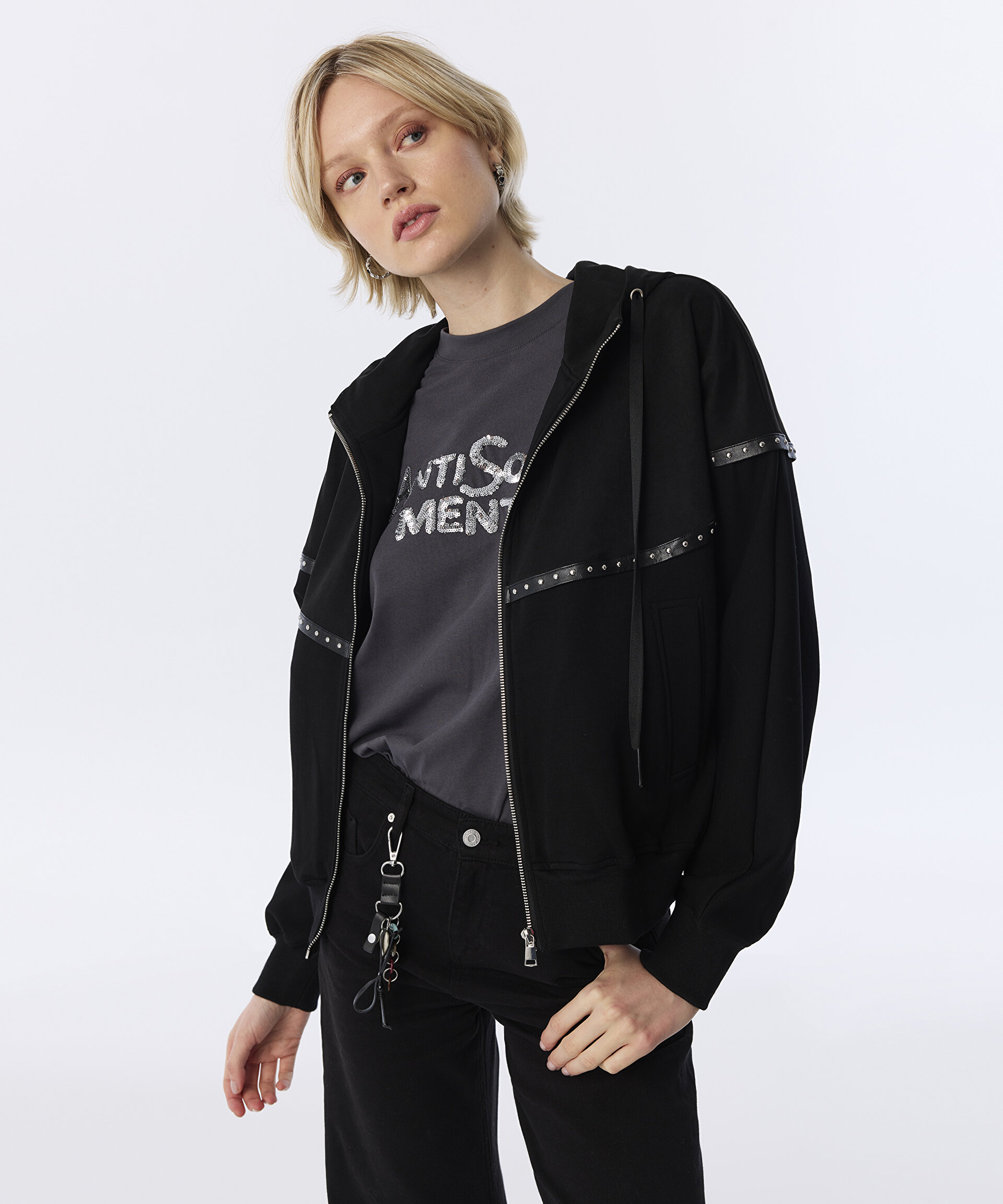 Twist Siyah KUMAŞ MIX KAPÜŞONLU SWEATSHIRT