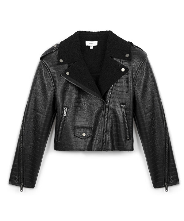 TİMSA DERİSİ GÖRÜNÜMLÜ BIKER MONT-TW6240012274001-Siyah-Mont