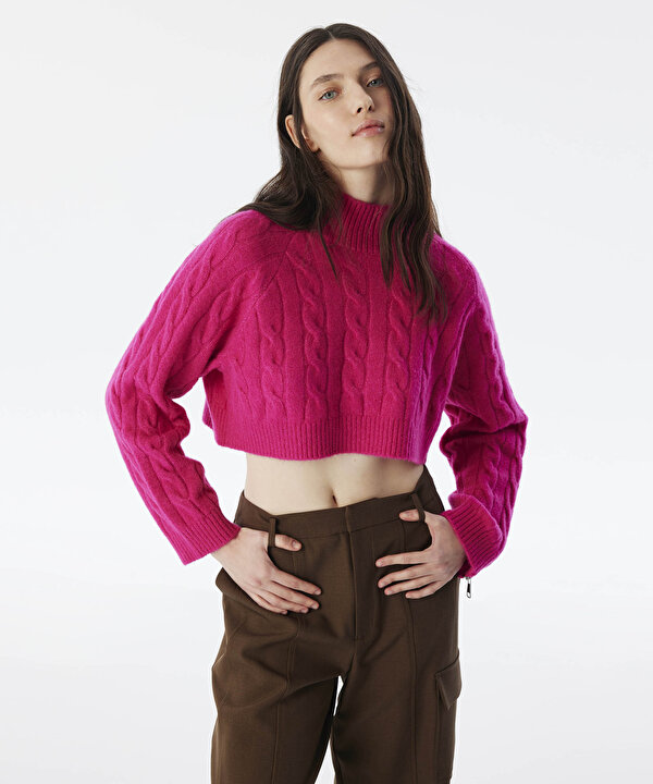 SAÇ ÖRGÜLÜ CROP KAZAK-TW6240050344004-Fuşya-Triko & Kazak
