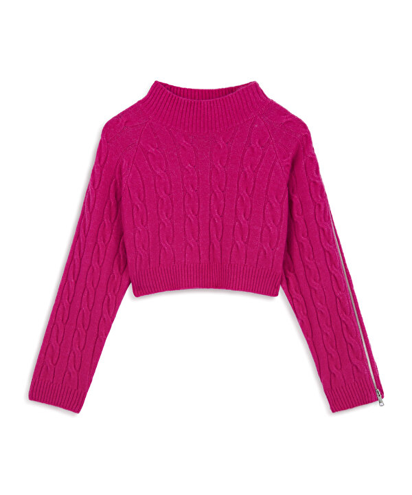 SAÇ ÖRGÜLÜ CROP KAZAK-TW6240050344004-Fuşya-Triko & Kazak