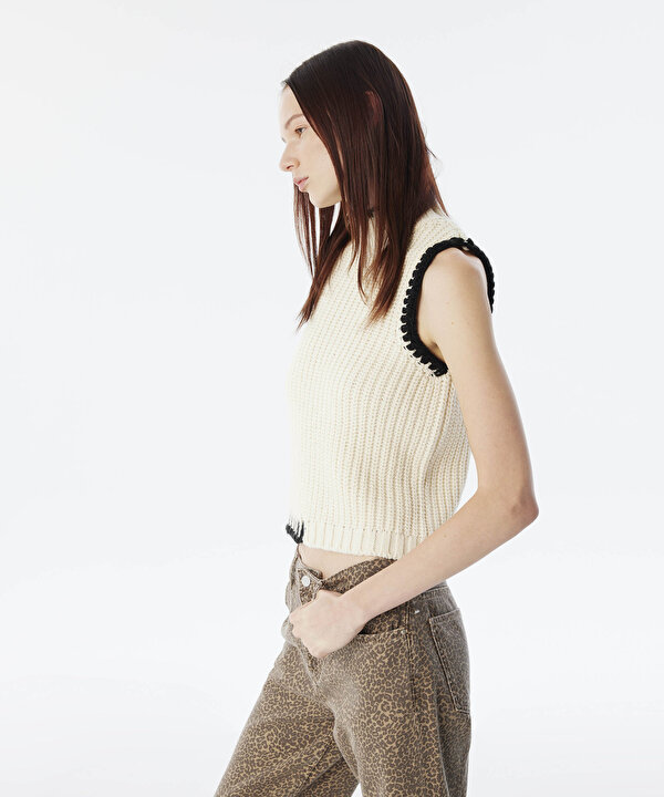 KONTRAST ŞERİTLİ SÜVETER-TW6240050380018-Ekru-Triko & Kazak
