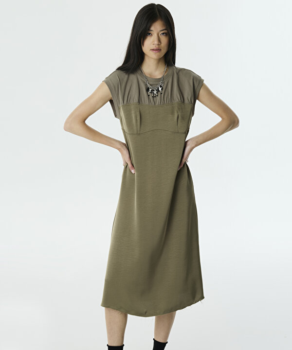 KUMAŞ MIX ELBİSE-TW6250002127176-Açık Haki-Elbise