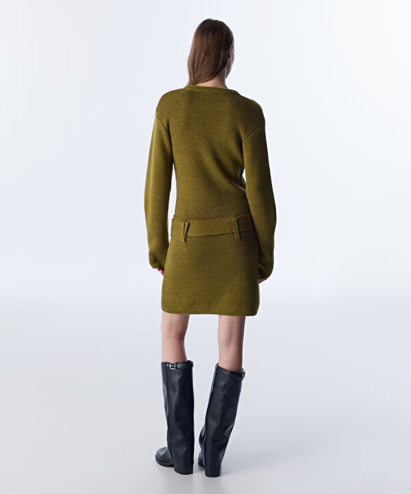 KEMERLİ TRİKO ELBİSE-TW6250002219022-Haki-Elbise