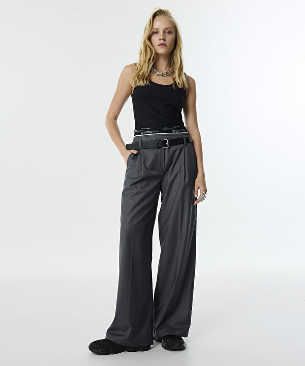 SLOGAN BASKILI WIDE LEG FİT PANTOLON-TW6250003072036-Antrasit-Pantolon