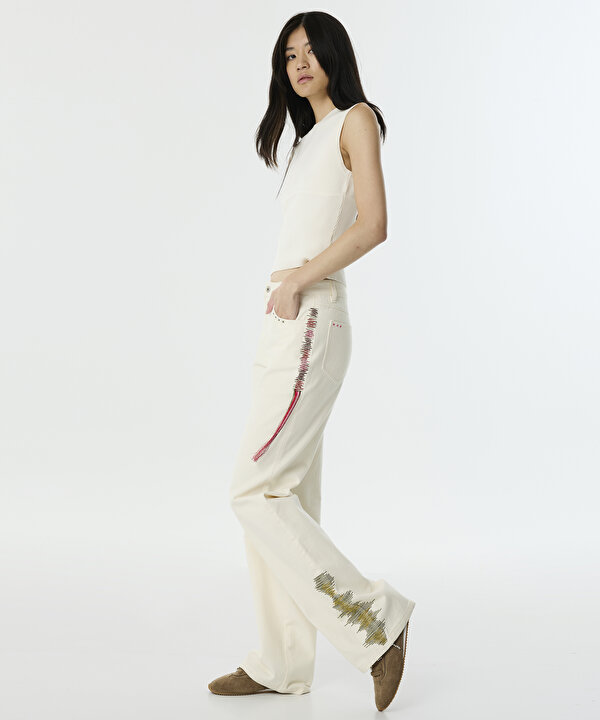 NAKIŞLI VE PÜSKÜLLÜ PANTOLON-TW6250003084018-Ekru-Pantolon