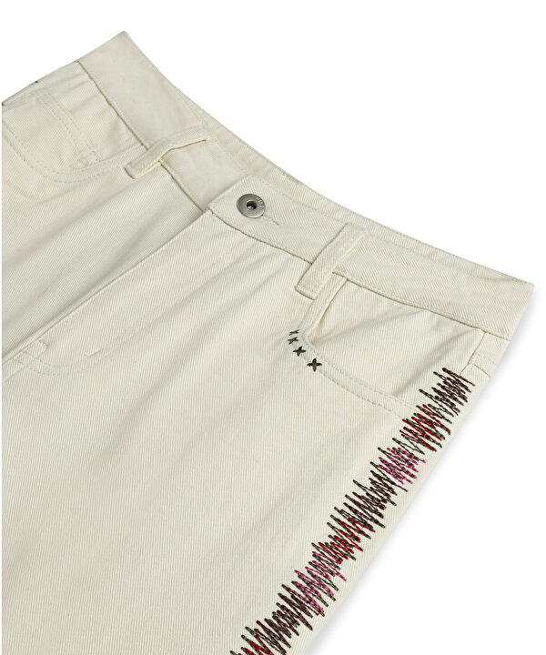 NAKIŞLI VE PÜSKÜLLÜ PANTOLON-TW6250003084018-Ekru-Pantolon