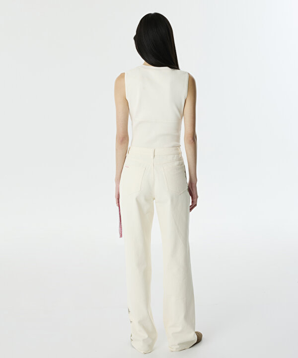 NAKIŞLI VE PÜSKÜLLÜ PANTOLON-TW6250003084018-Ekru-Pantolon