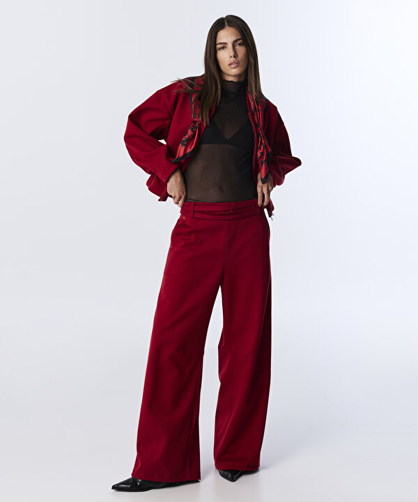 KUŞAKLI WIDE LEG FİT PANTOLON-TW6250003175034-Kırmızı-Pantolon