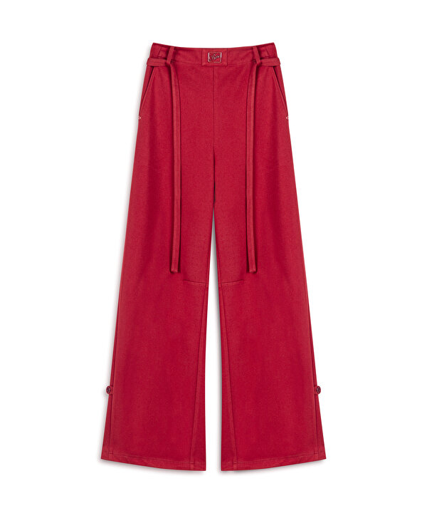 KUŞAKLI WIDE LEG FİT PANTOLON-TW6250003175034-Kırmızı-Pantolon