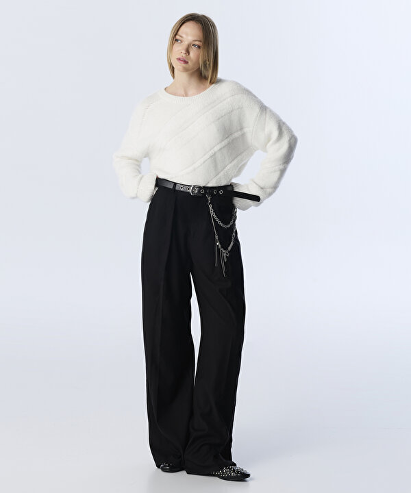 ZİNCİR AKSESUARLI WIDE LEG FİT PANTOLON-TW6250003182001-Siyah-Pantolon