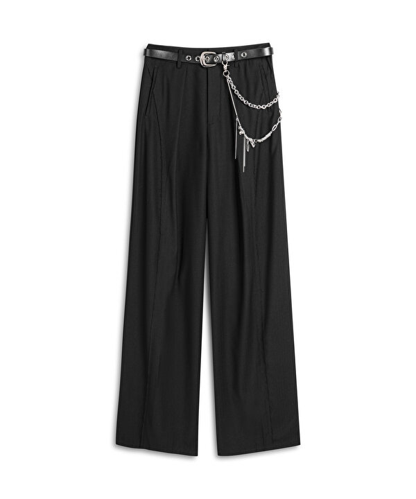 ZİNCİR AKSESUARLI WIDE LEG FİT PANTOLON-TW6250003182001-Siyah-Pantolon
