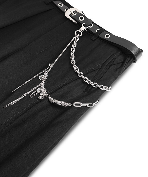 ZİNCİR AKSESUARLI WIDE LEG FİT PANTOLON-TW6250003182001-Siyah-Pantolon