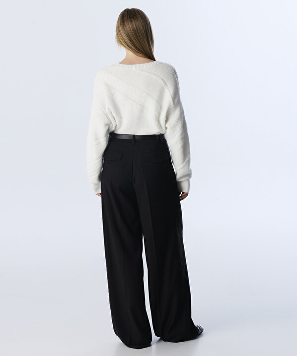 ZİNCİR AKSESUARLI WIDE LEG FİT PANTOLON-TW6250003182001-Siyah-Pantolon