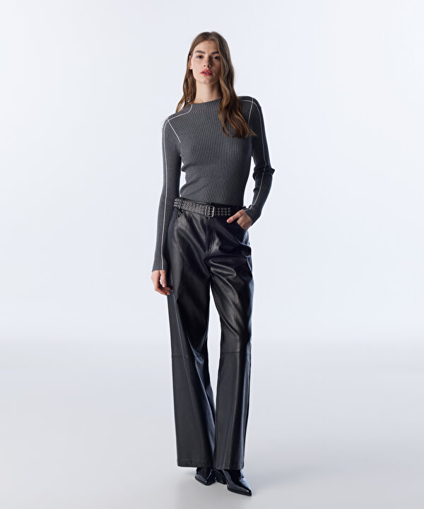 DERİ GÖRÜNÜMLÜ WIDE LEG FİT PANTOLON-TW6250003192001-Siyah-Pantolon