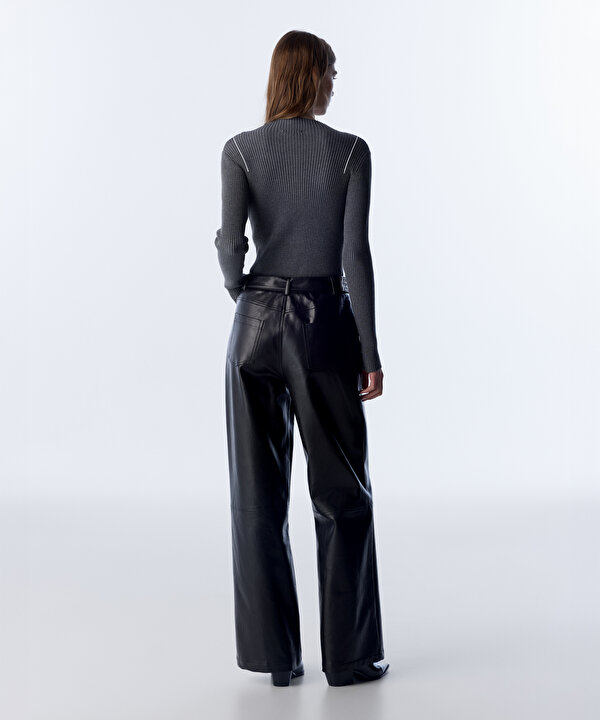 DERİ GÖRÜNÜMLÜ WIDE LEG FİT PANTOLON-TW6250003192001-Siyah-Pantolon