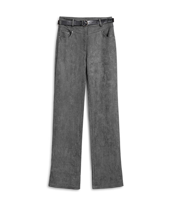 SÜET GÖRÜNÜMLÜ VE KEMERLİ PANTOLON-TW6250003201036-Antrasit-Pantolon