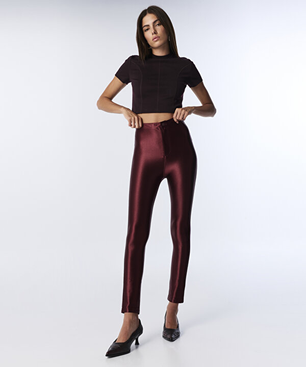 PARLAK DOKULU SKINNY FİT PANTOLON-TW6250003211035-Bordo-Pantolon