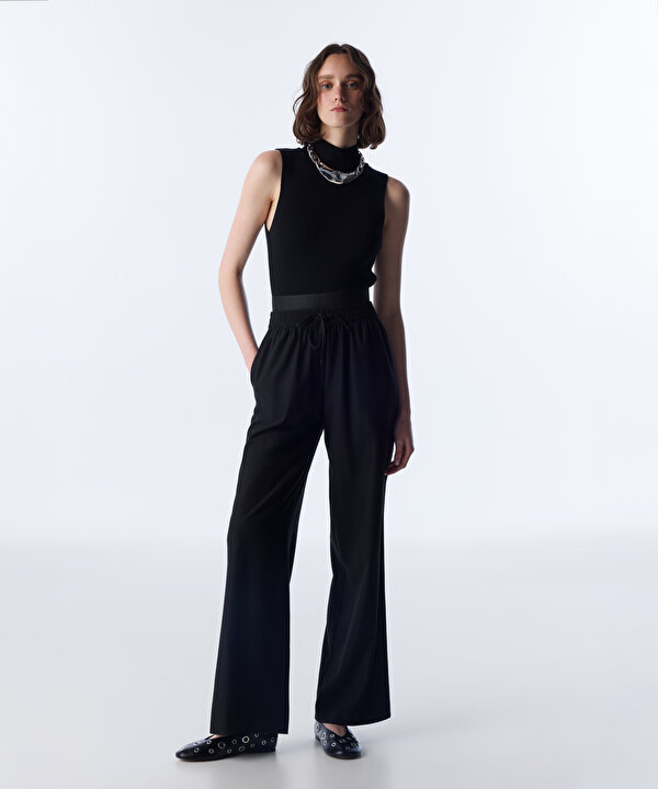 ÇİFT KAT BEL WIDE LEG PANTOLON-TW6250003349001-Siyah-Pantolon