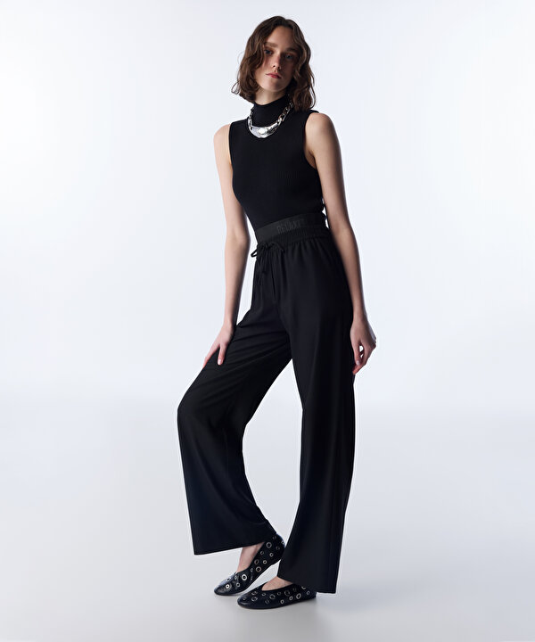 ÇİFT KAT BEL WIDE LEG PANTOLON-TW6250003349001-Siyah-Pantolon