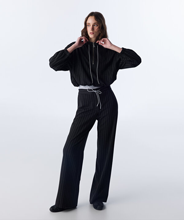 ÇİZGİ DESEN WIDE LEG FİT PANTOLON-TW6250003380015-Lacivert-Pantolon