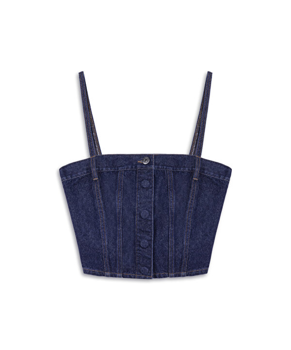 KARE YAKA CROP BLUZ-TW6250006075629-İndigo-Bluz