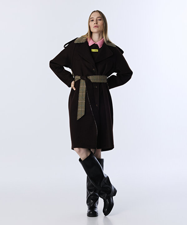 DESEN MIX KUŞAKLI KABAN-TW6250008039074-Kahverengi-Kaban