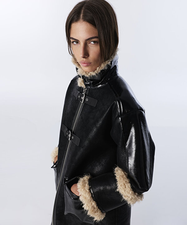 SUNİ KÜRK MIX DERİ GÖRÜNÜMLÜ MONT-TW6250012172001-Siyah-Mont
