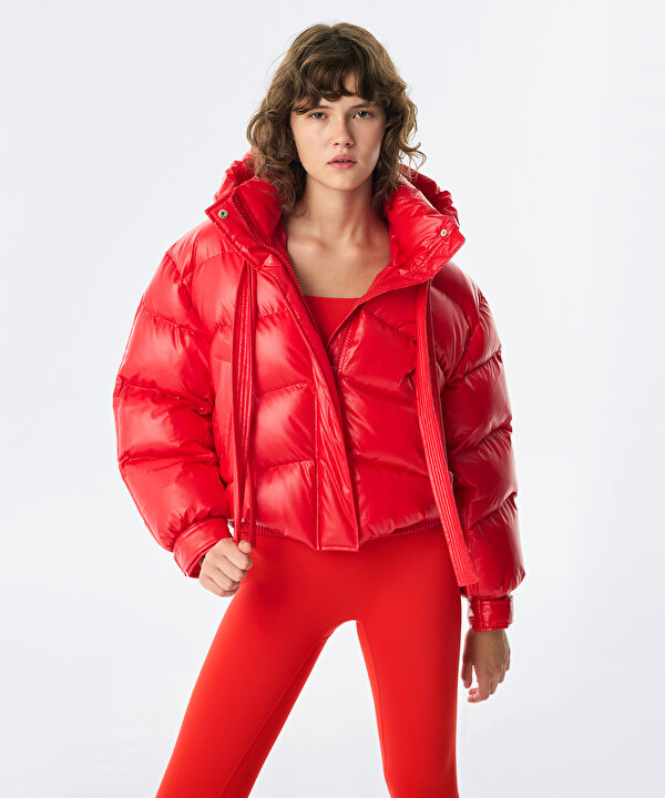 PARLAK DOKULU PUFFER MONT-TW6250012227034-Kırmızı-Mont
