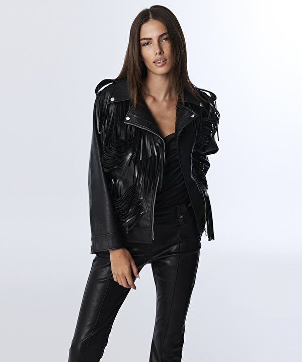 DERİ GÖRÜNÜMLÜ PÜSKÜLLÜ BIKER MONT-TW6250012258001-Siyah-Mont