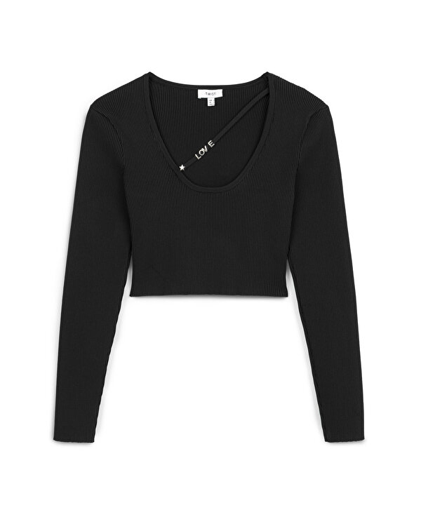 METAL AKSESUARLI CROP TRİKO-TW6250050163001-Siyah-Triko & Kazak