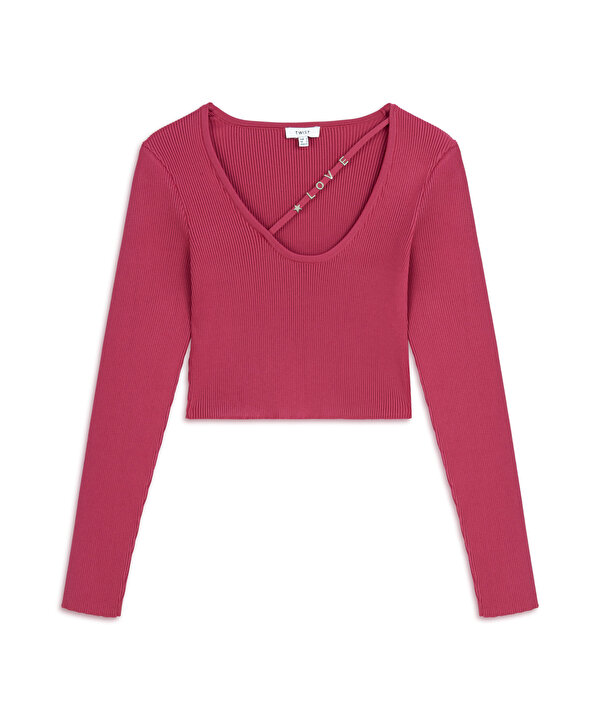 METAL AKSESUARLI CROP TRİKO-TW6250050163033-Pembe-Triko & Kazak