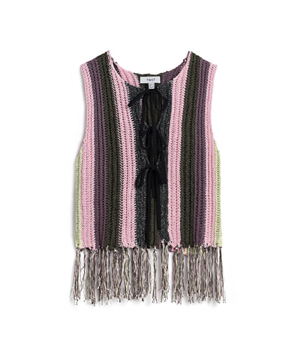 ÖNDEN BAĞLAMALI PÜSKÜLLÜ TRİKO-TW6250050378033-Pembe-Triko & Kazak