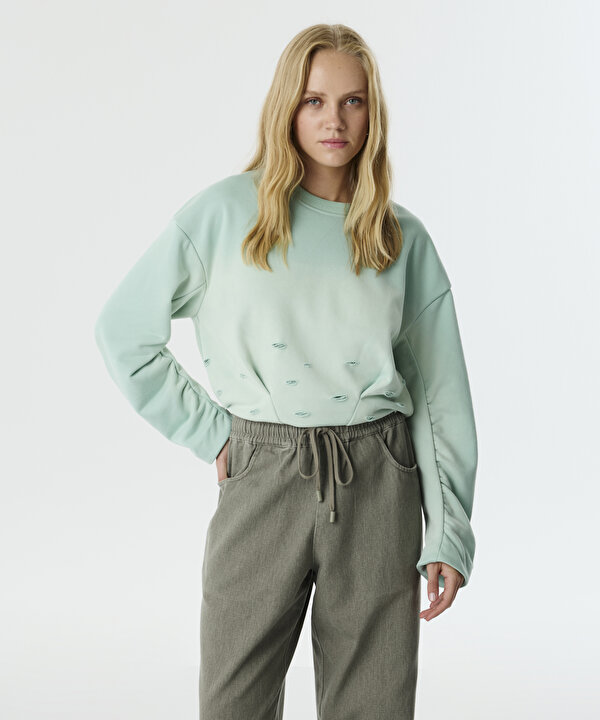 ESKİTME EFEKTLİ SWEATSHIRT-TW6250091015013-Mint Yeşili-Sweatshırt